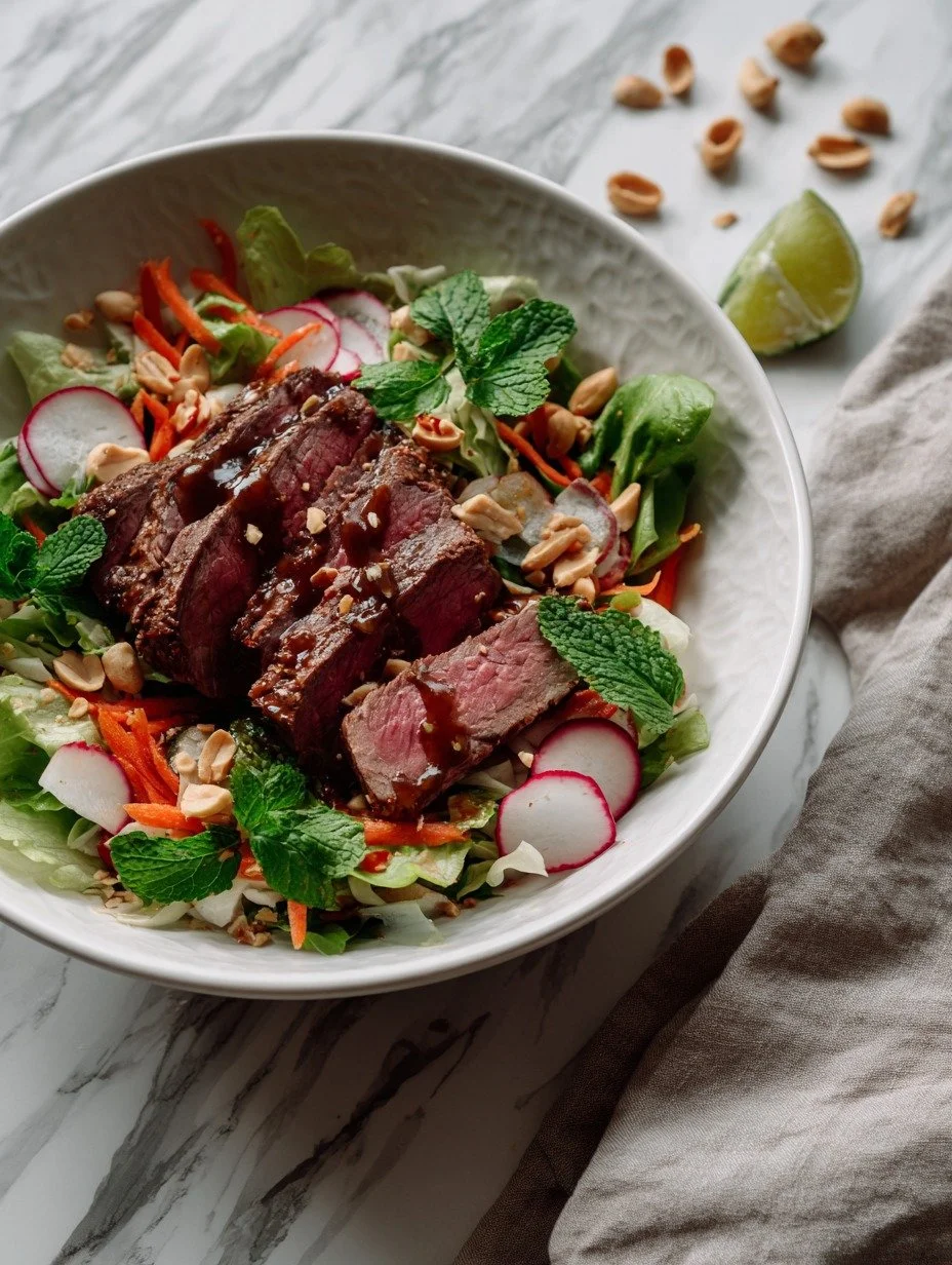Gordon Ramsay Thai beef salad with medium rare sirloin steak toasted peanuts and lime