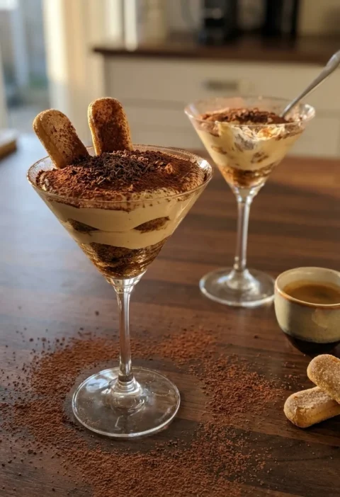 Gordon Ramsay tiramisu in a martini glass with cocoa powder and sponge fingers