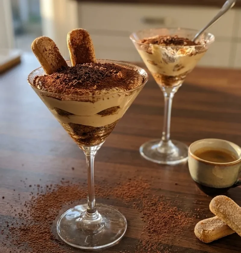 Gordon Ramsay tiramisu in a martini glass with cocoa powder and sponge fingers