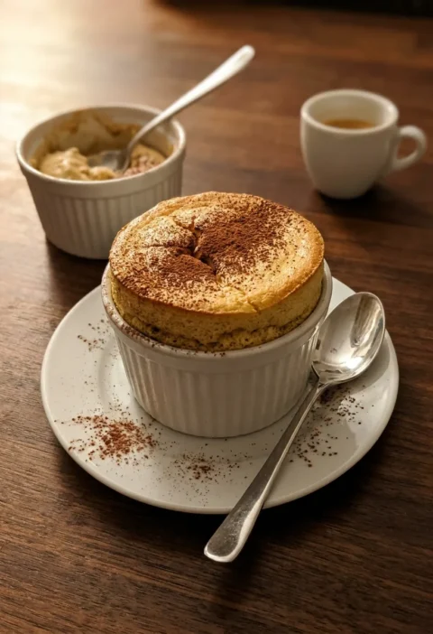 Gordon Ramsay tiramisu souffle risen in a ramekin with cocoa powder