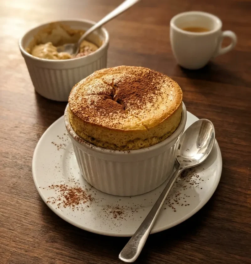Gordon Ramsay tiramisu souffle risen in a ramekin with cocoa powder