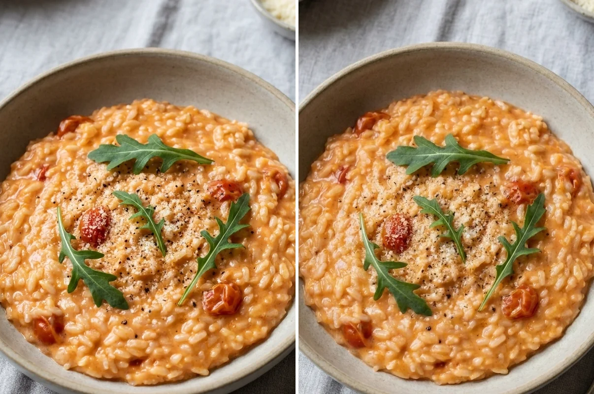 Two views of tomato risotto with rocket and Parmesan on creamy pink rice