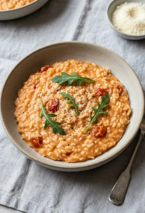 Gordon Ramsay tomato risotto with creamy orange-pink rice, cherry tomatoes, rocket and Parmesan