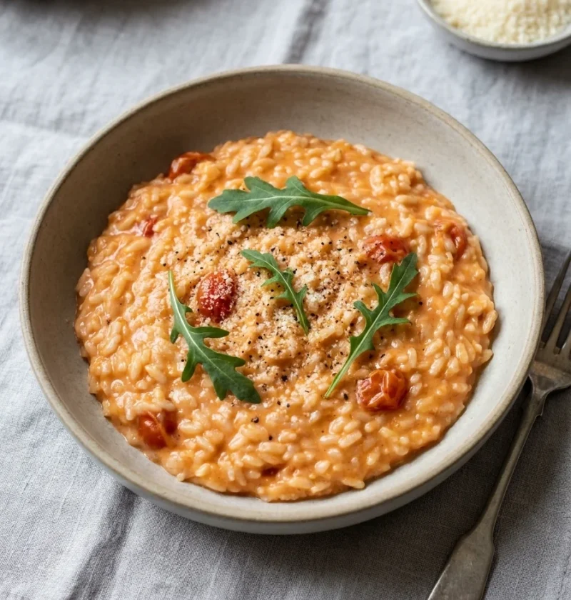 Gordon Ramsay tomato risotto with creamy orange-pink rice, cherry tomatoes, rocket and Parmesan