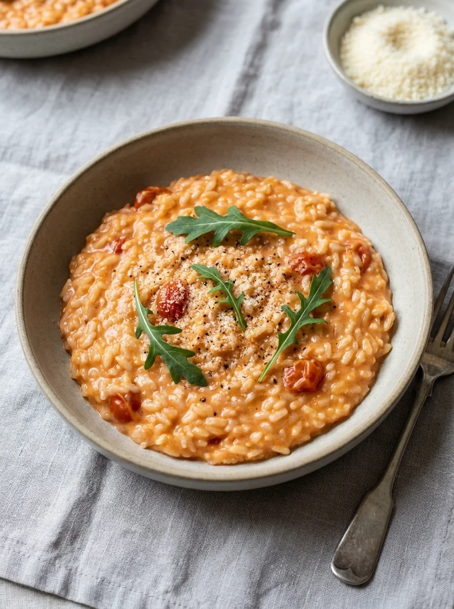 Gordon Ramsay tomato risotto with creamy orange-pink rice, cherry tomatoes, rocket and Parmesan