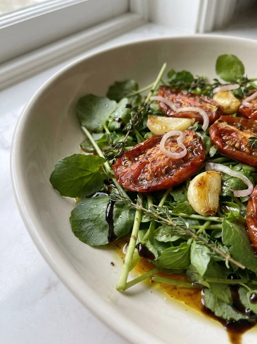 Close up of caramelised roasted cherry tomatoes with balsamic glaze