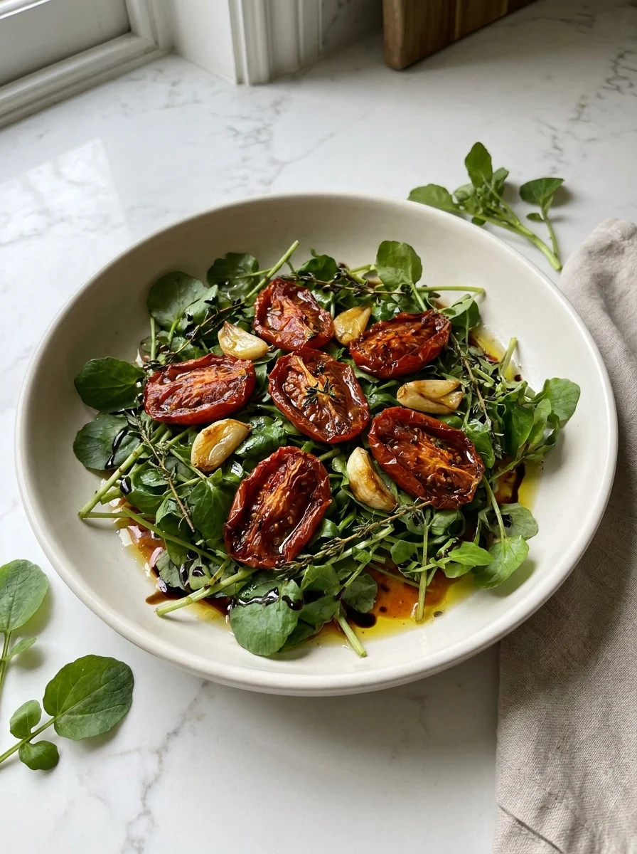 Slow-roasted tomato and watercress salad with balsamic and thyme
