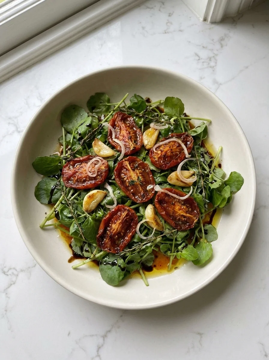 Overhead view of roasted cherry tomatoes on watercress with shallot rings
