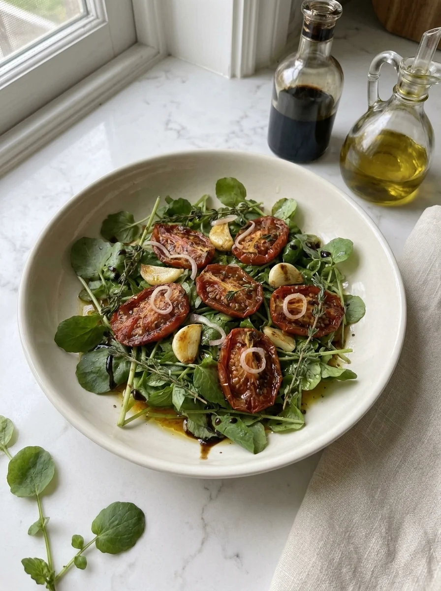 Tomato watercress salad on marble table with balsamic bottle