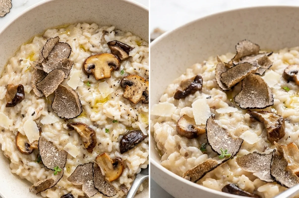 Two angles of truffle mushroom risotto with black truffle shavings and Parmesan