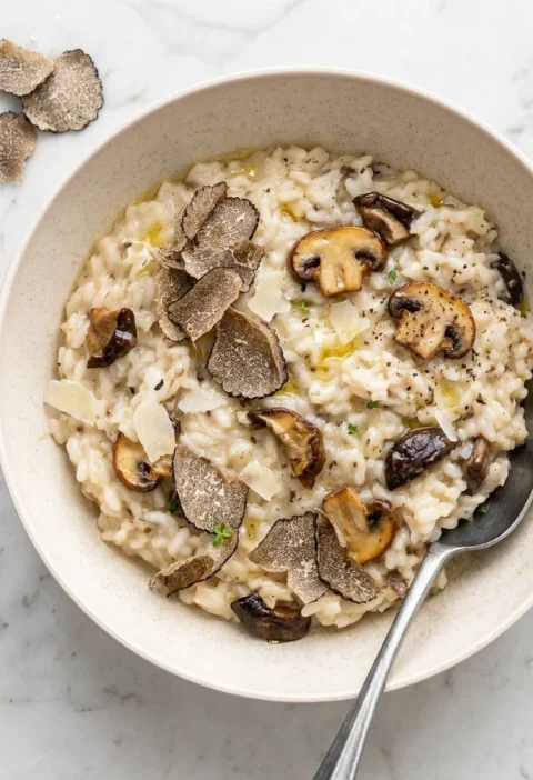 Gordon Ramsay truffle risotto with mushrooms, black truffle shavings and Parmesan on marble surface