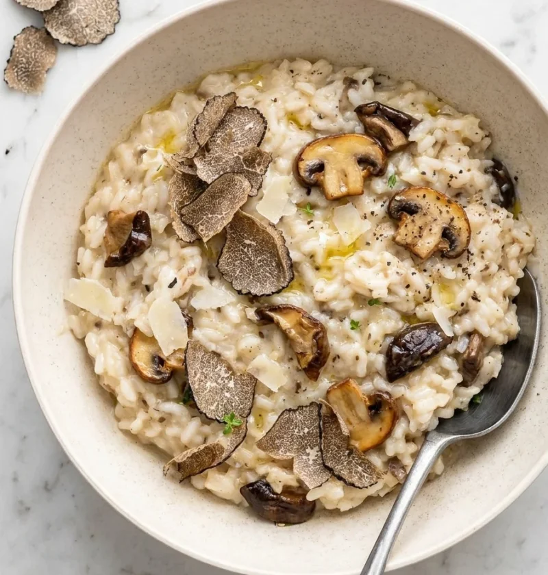 Gordon Ramsay truffle risotto with mushrooms, black truffle shavings and Parmesan on marble surface