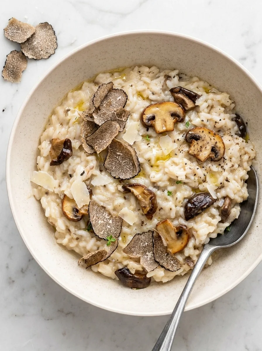 Gordon Ramsay truffle risotto with mushrooms, black truffle shavings and Parmesan on marble surface