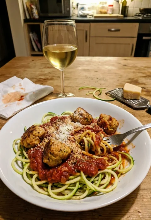 Gordon Ramsay turkey meatballs on courgette spaghetti with tomato sauce