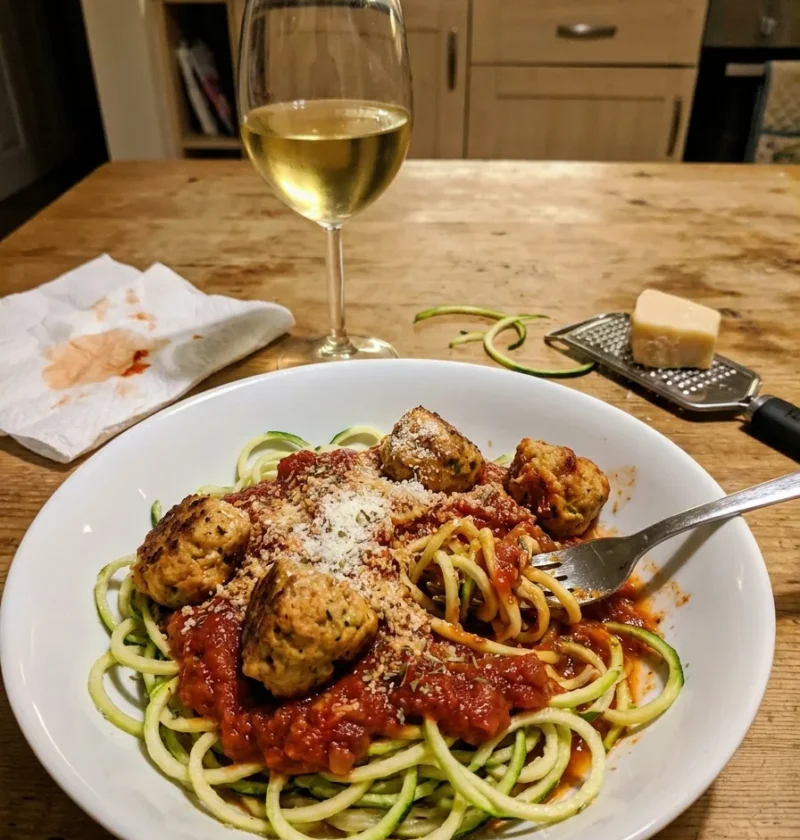 Gordon Ramsay turkey meatballs on courgette spaghetti with tomato sauce
