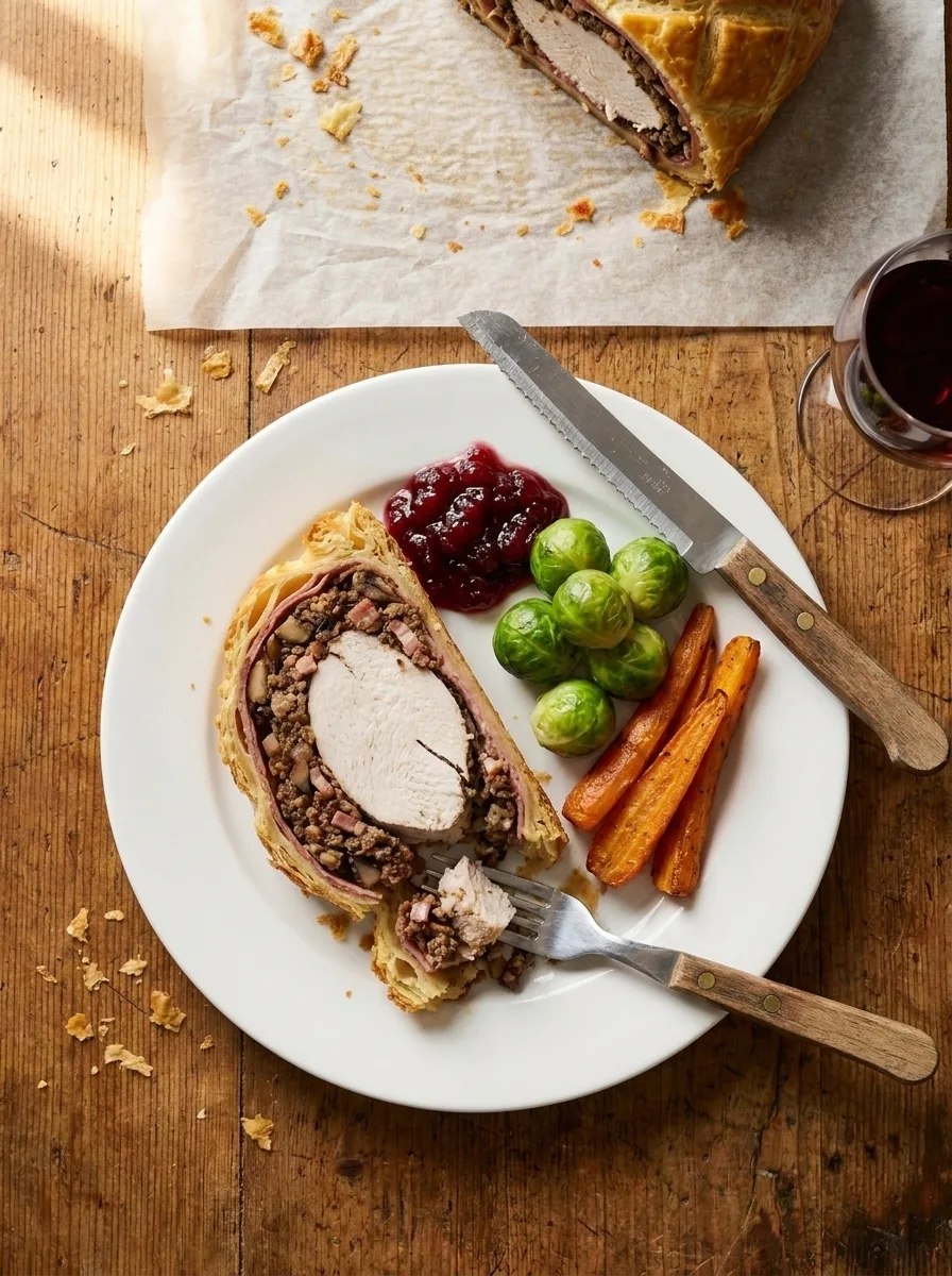 Gordon Ramsay turkey wellington served with cranberry sauce Brussels sprouts and roasted carrots