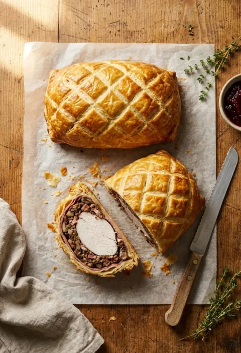 Gordon Ramsay turkey wellington sliced showing white turkey mushroom bacon stuffing and golden pastry