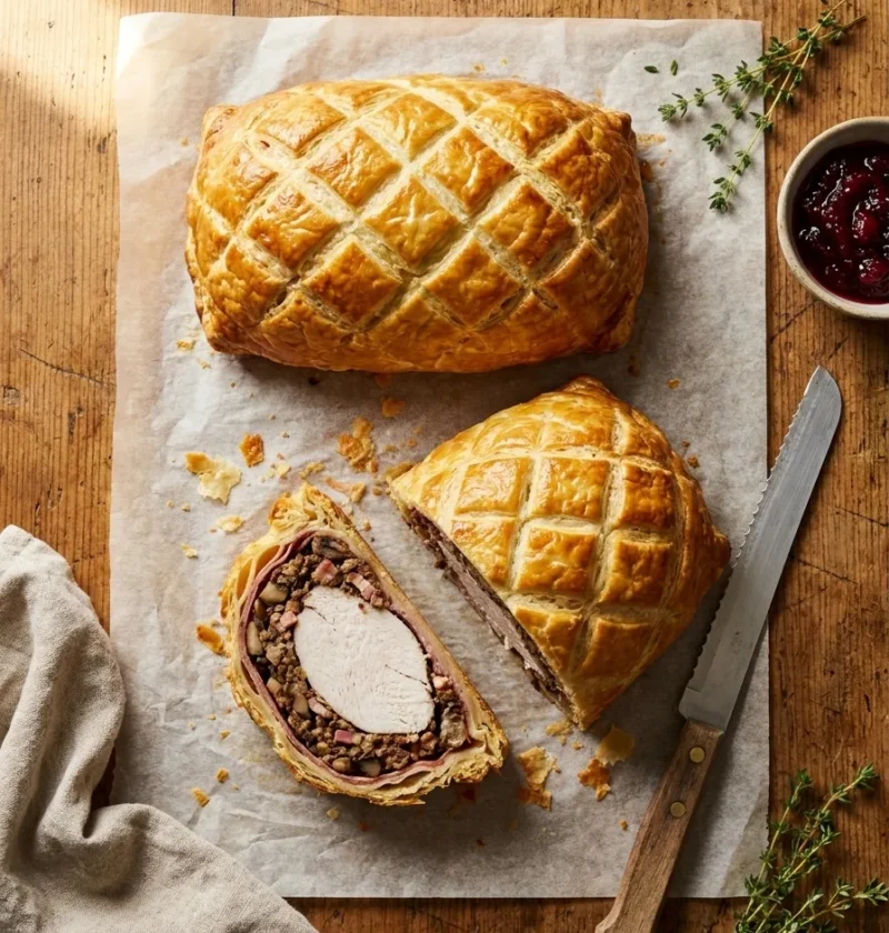 Gordon Ramsay turkey wellington sliced showing white turkey mushroom bacon stuffing and golden pastry