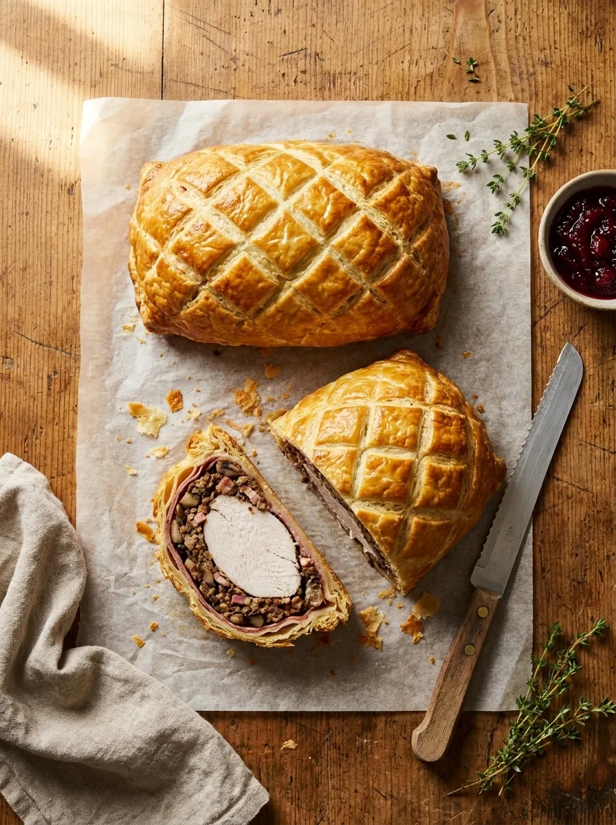 Gordon Ramsay turkey wellington sliced showing white turkey mushroom bacon stuffing and golden pastry