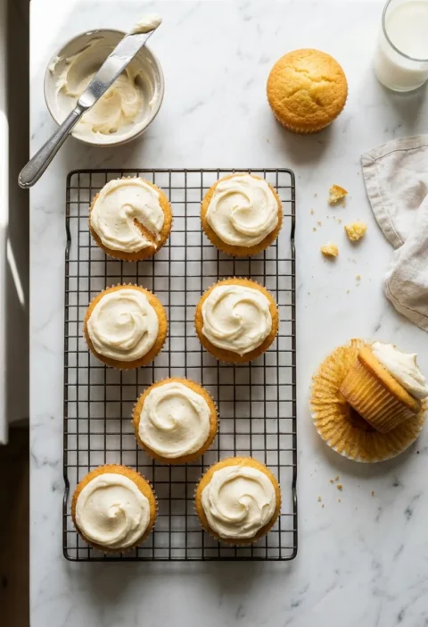 Gordon Ramsay vanilla cupcakes with buttercream frosting on a wire cooling rack
