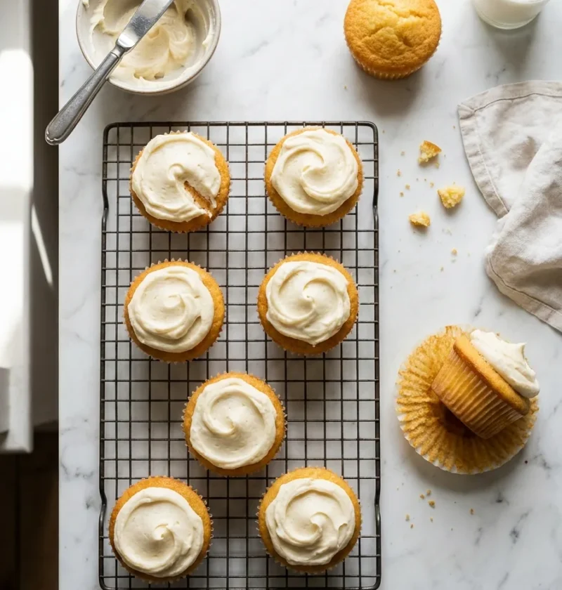 Gordon Ramsay vanilla cupcakes with buttercream frosting on a wire cooling rack