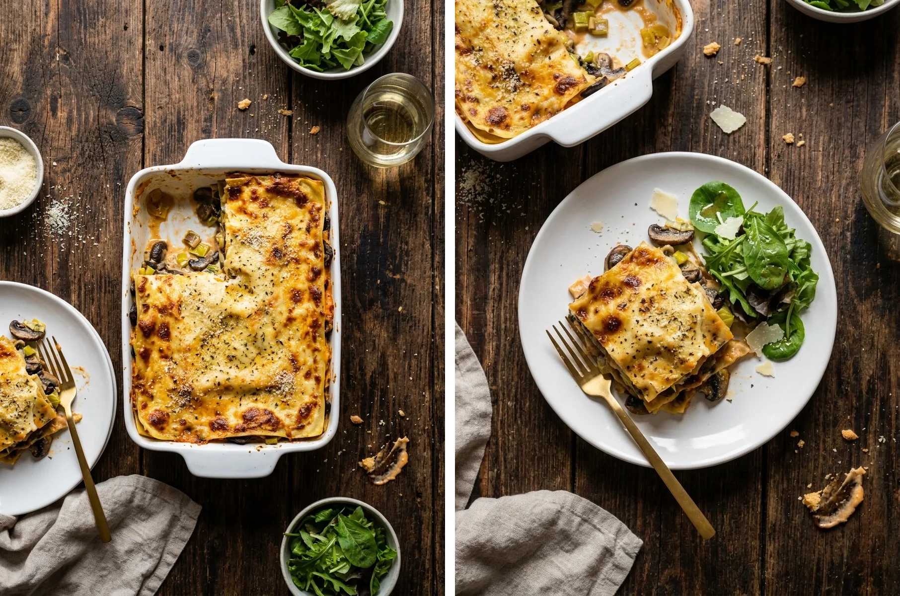 Gordon Ramsay vegetable lasagne with mushroom and leek filling served with side salad