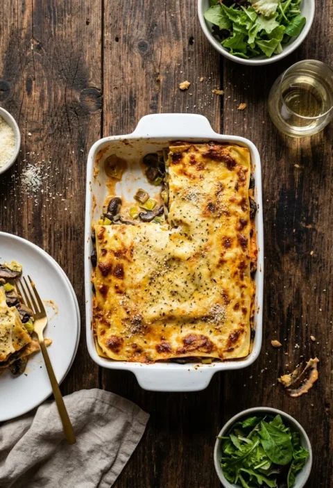 Gordon Ramsay vegetable lasagne with mushrooms and leeks in a white baking dish on a dark wood table