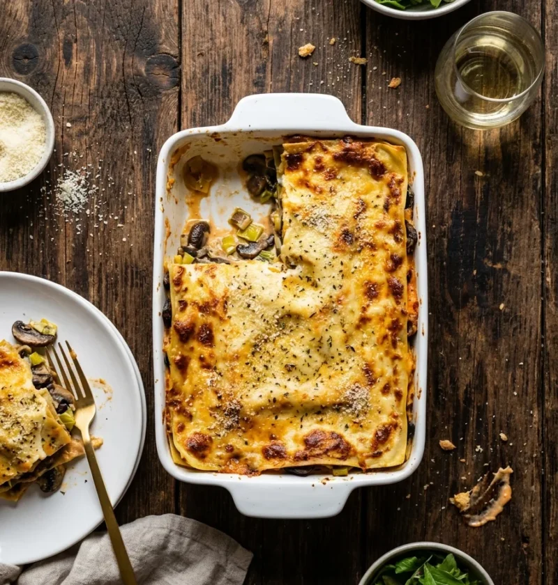 Gordon Ramsay vegetable lasagne with mushrooms and leeks in a white baking dish on a dark wood table