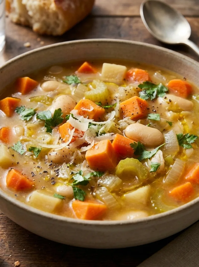 Close-up of chunky vegetable soup showing butter beans, sweet potato, carrots and parsley in golden broth