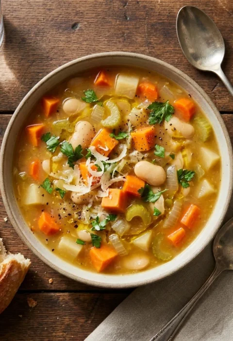 Overhead of Gordon Ramsay vegetable soup with chunky sweet potato, carrots, turnip, butter beans and Parmesan