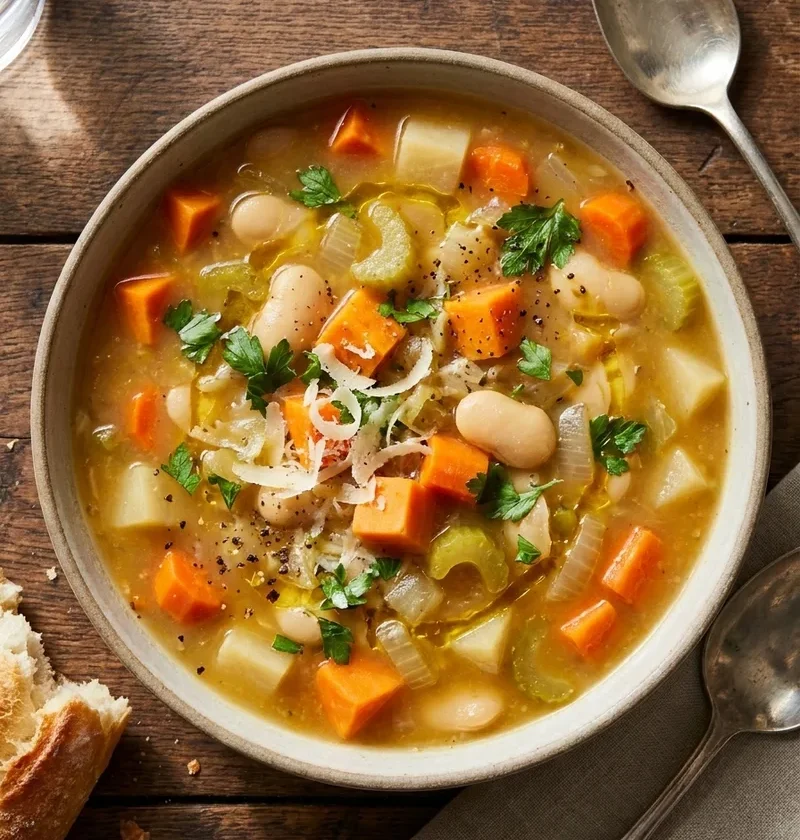 Overhead of Gordon Ramsay vegetable soup with chunky sweet potato, carrots, turnip, butter beans and Parmesan