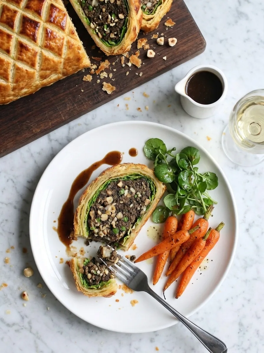 Gordon Ramsay vegetarian wellington served on a plate with roasted carrots watercress and dark sauce