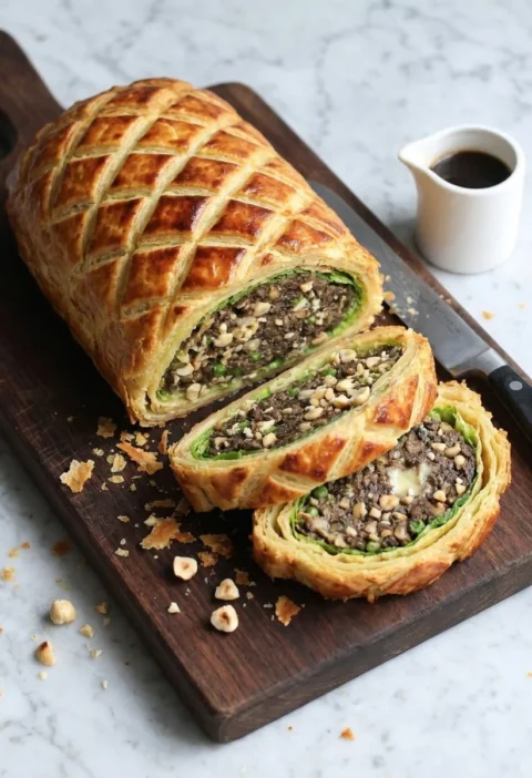 Gordon Ramsay vegetarian wellington sliced on a board showing dark mushroom filling green cabbage and golden pastry