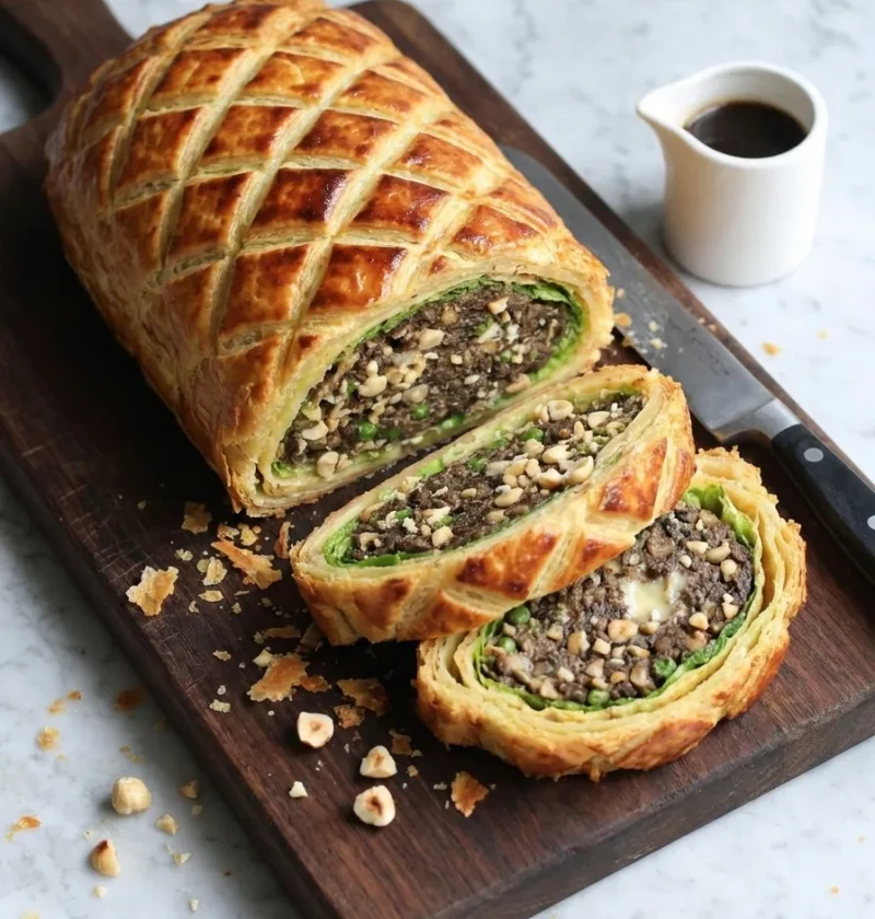 Gordon Ramsay vegetarian wellington sliced on a board showing dark mushroom filling green cabbage and golden pastry