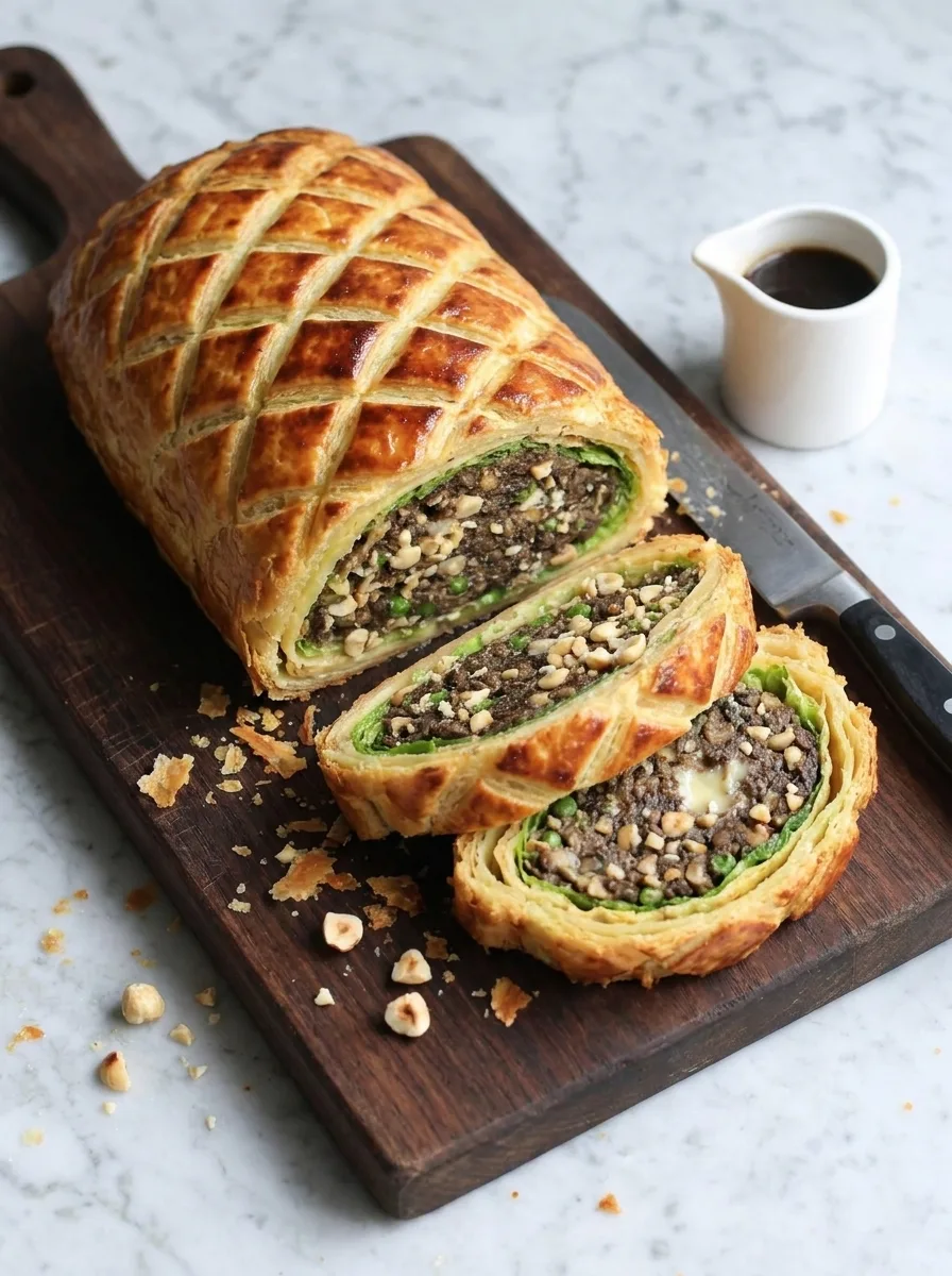 Gordon Ramsay vegetarian wellington sliced on a board showing dark mushroom filling green cabbage and golden pastry