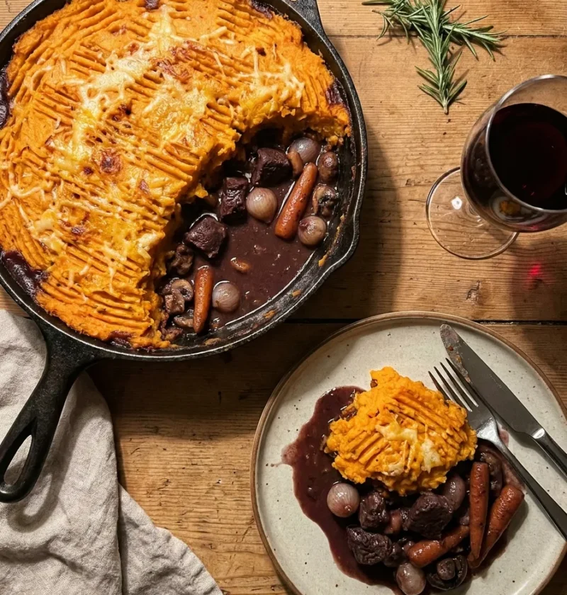 Gordon Ramsay venison pie in a cast-iron pan with orange sweet potato mash topping, a portion scooped out showing dark venison filling with baby onions carrots and mushrooms in wine sauce