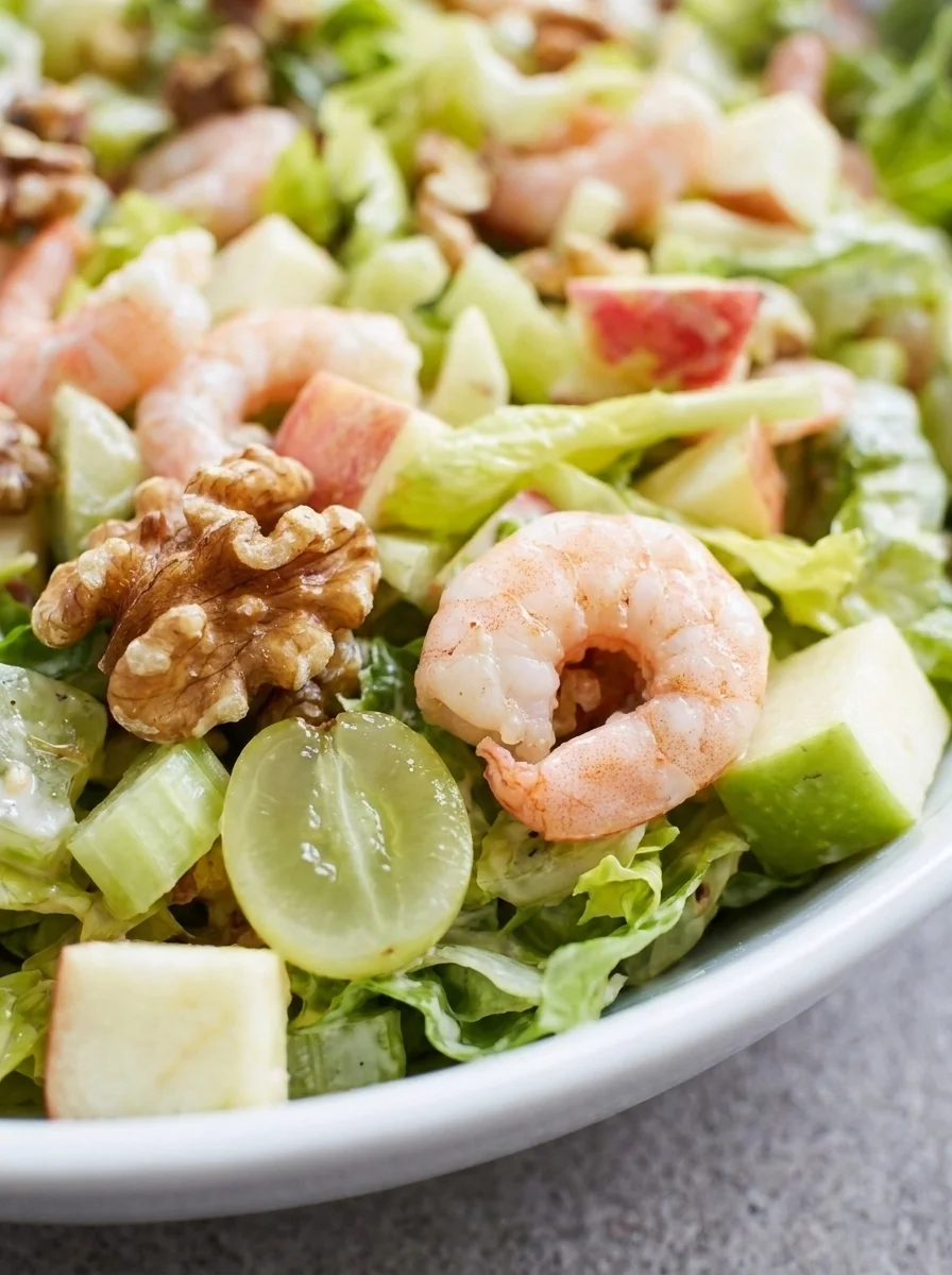 Close up of king prawn with toasted walnut, grape and apple in Waldorf salad