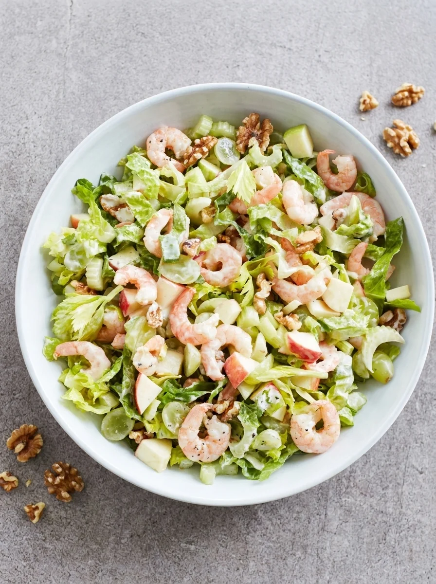 Prawn Waldorf salad with shredded romaine, green grapes, apple and toasted walnuts