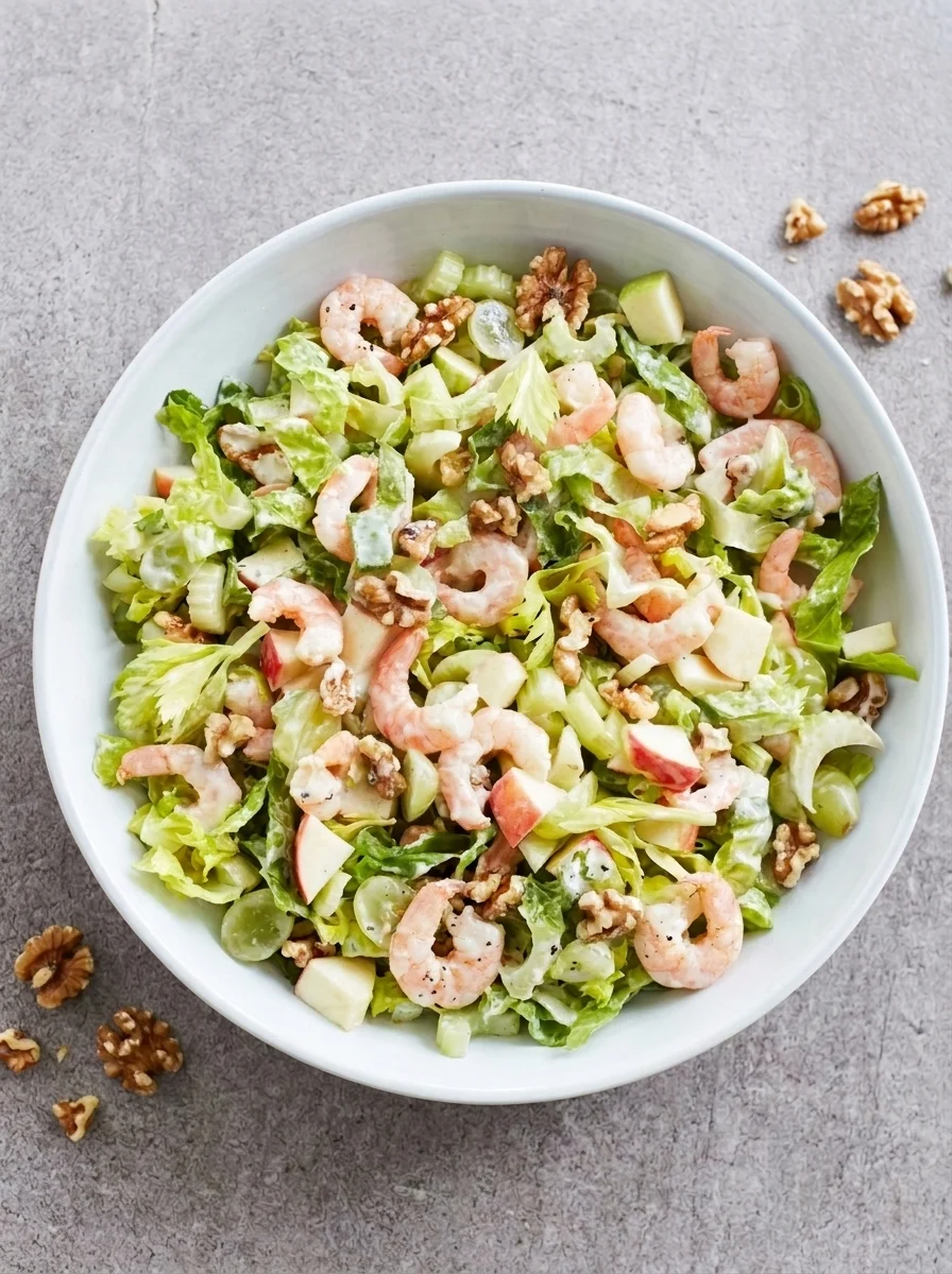 Overhead view of prawn Waldorf salad with yoghurt dressing