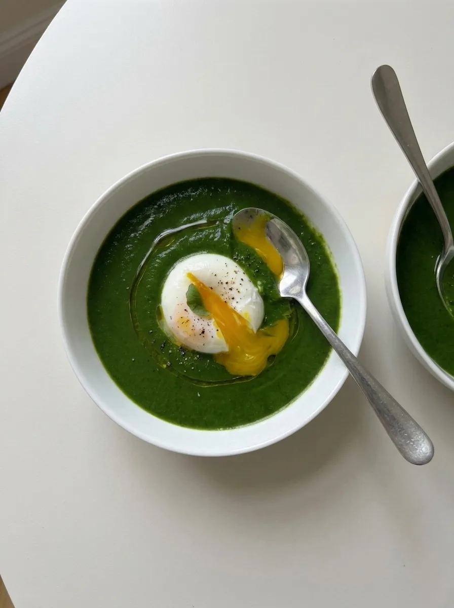 Gordon Ramsay watercress soup with broken poached egg yolk running into green soup