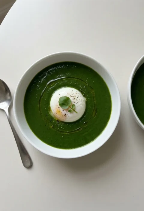 Gordon Ramsay watercress soup with poached egg olive oil and watercress leaf