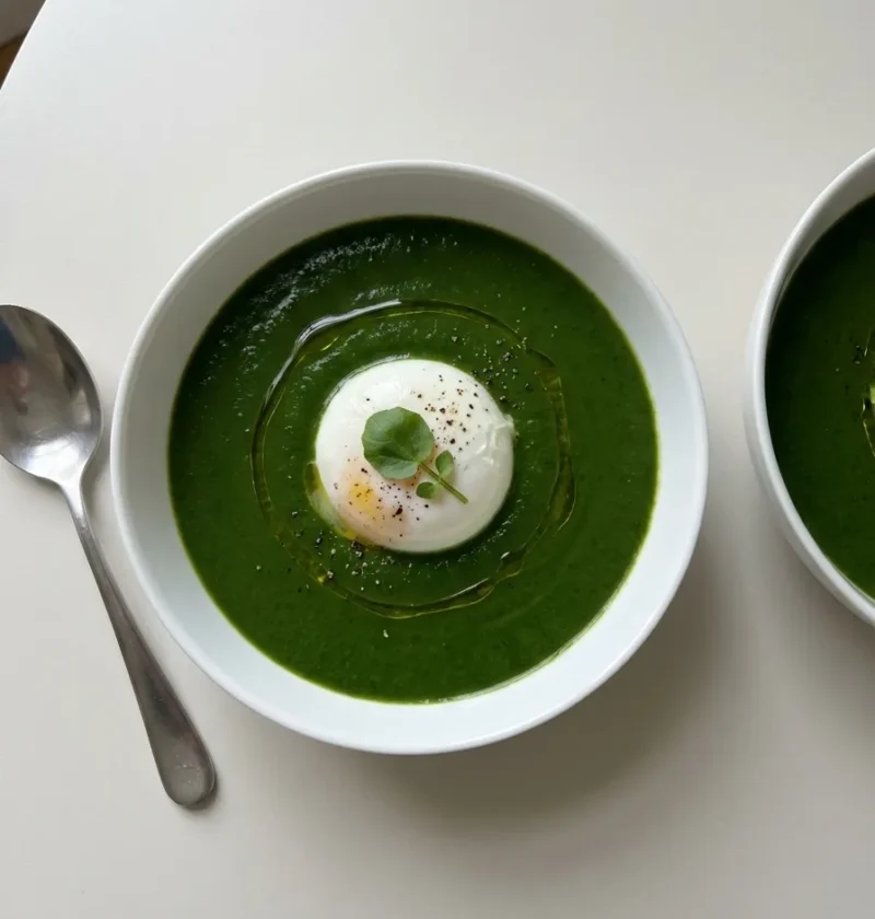 Gordon Ramsay watercress soup with poached egg olive oil and watercress leaf