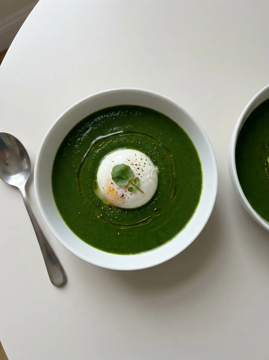 Gordon Ramsay watercress soup with poached egg olive oil and watercress leaf