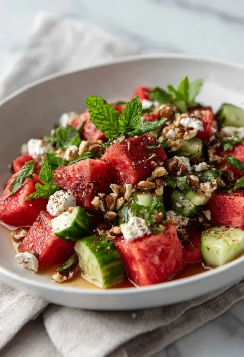 Watermelon feta salad with cucumber, pecans, mint and sumac in a white bowl