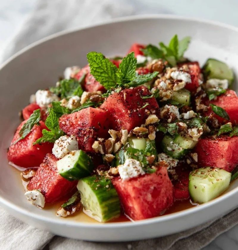 Watermelon feta salad with cucumber, pecans, mint and sumac in a white bowl