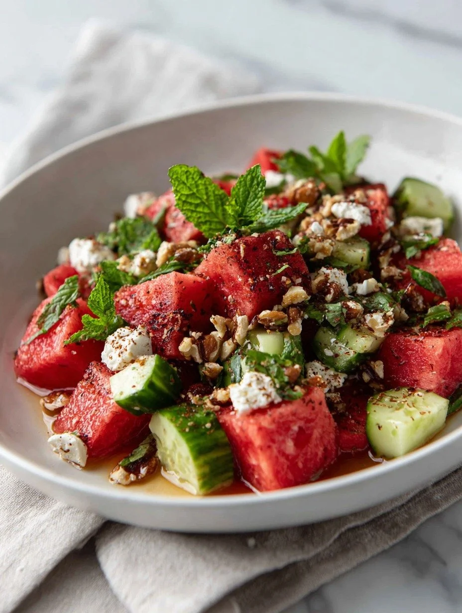 Watermelon feta salad with cucumber, pecans, mint and sumac in a white bowl