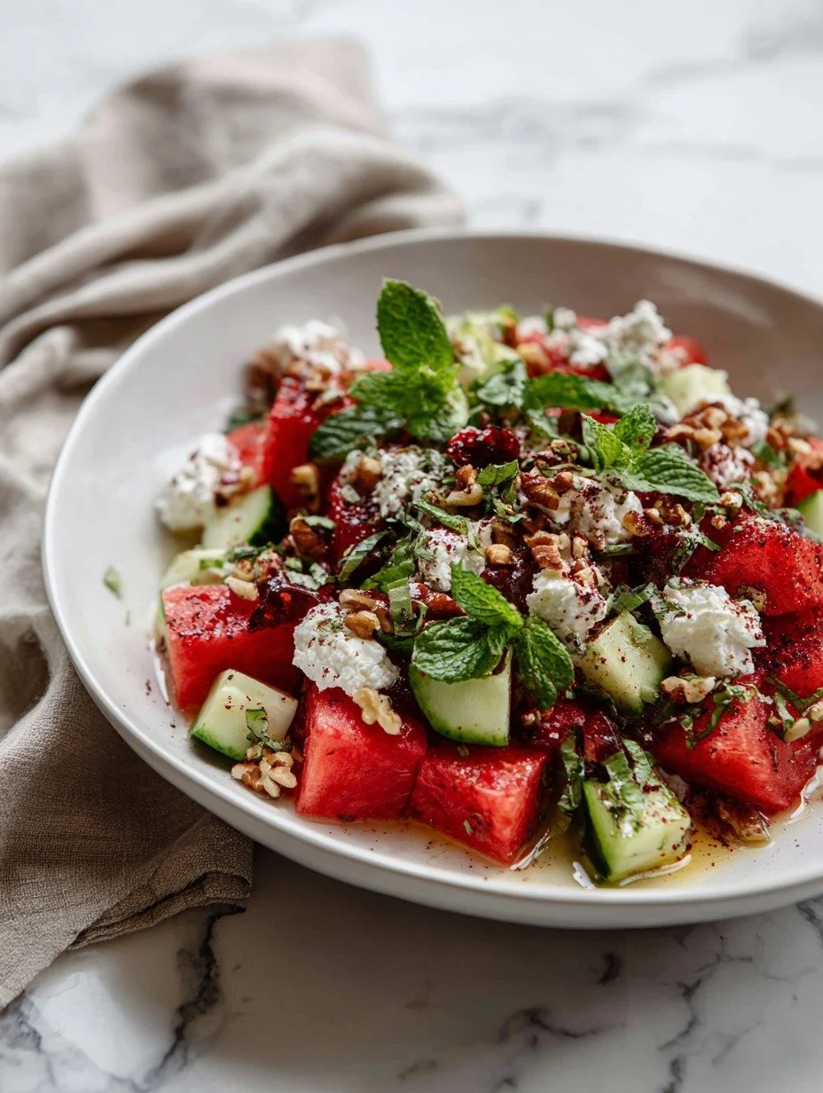 Watermelon feta salad close up showing crumbled feta, crushed pecans and fresh mint