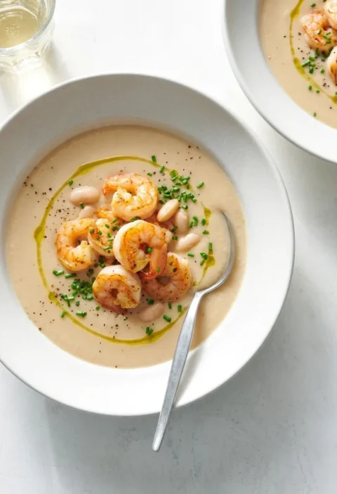 Gordon Ramsay white bean soup with sauteed tiger prawns chives and olive oil
