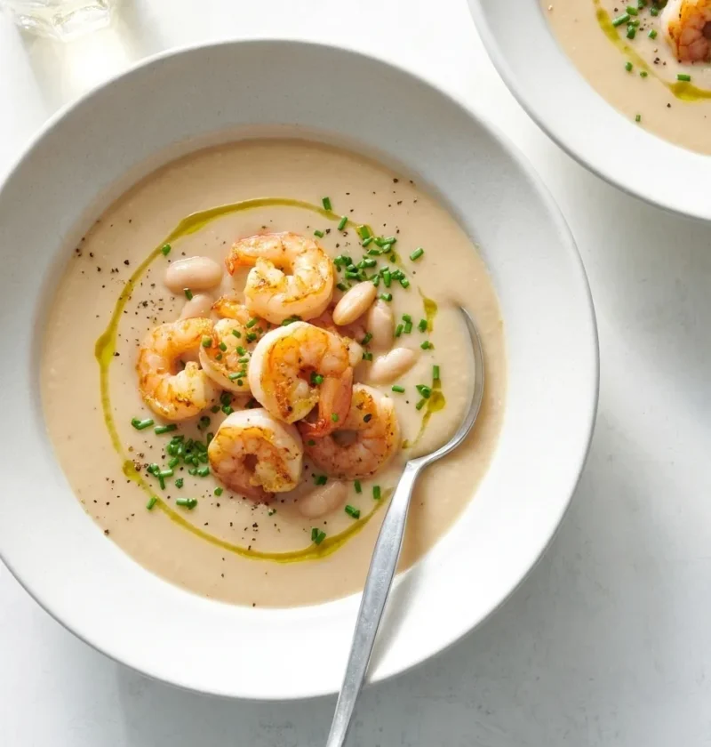Gordon Ramsay white bean soup with sauteed tiger prawns chives and olive oil