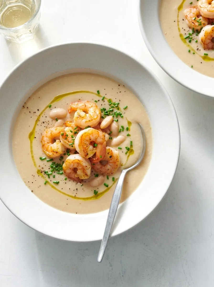Gordon Ramsay white bean soup with sauteed tiger prawns chives and olive oil